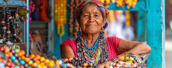 A street vendor selling handmade jewelry from a colorful market stall, showcasing unique and artisanal designs.