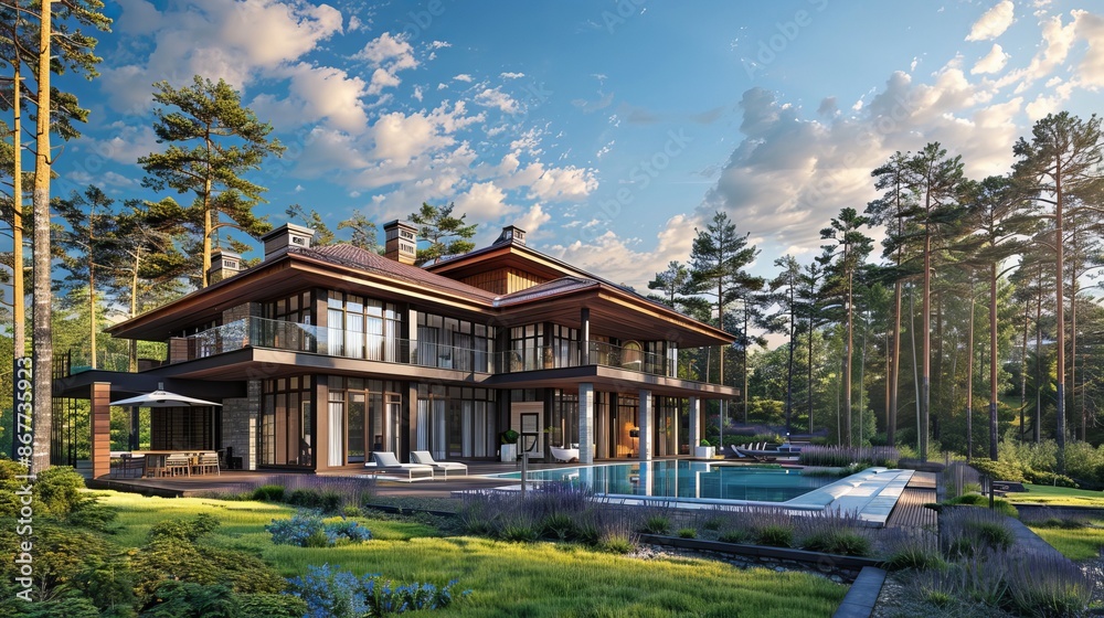 Canvas Prints A beautifully designed luxurious modern mansion with large glass windows and a swimming pool, surrounded by a tranquil forest environment.