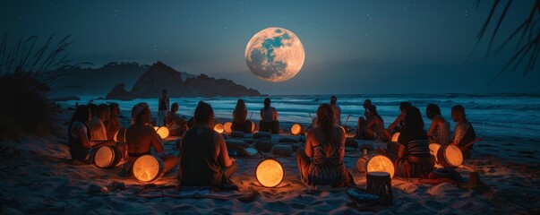 A group of friends participating in a traditional drum circle on a moonlit beach, feeling the rhythm connect them to the earth.