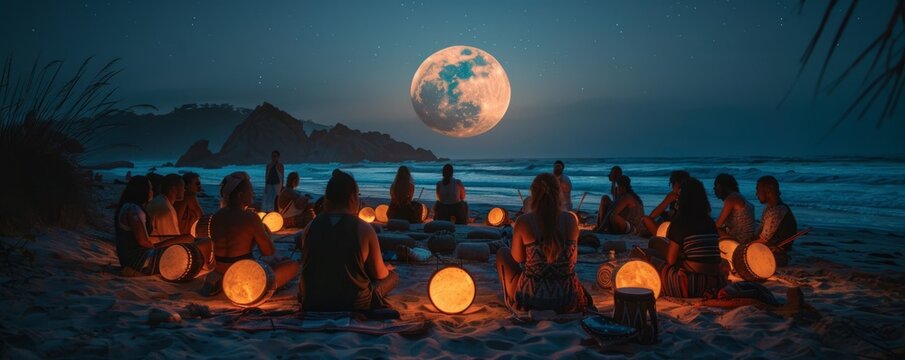 A group of friends participating in a traditional drum circle on a moonlit beach, feeling the rhythm connect them to the earth.