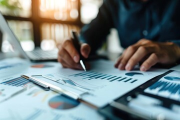 European-American financial planner advising clients, professional and informative, office setting