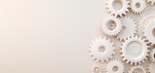 White gears on a light background, symbolizing industrial engineering, teamwork, technology, and mechanism with space for text.