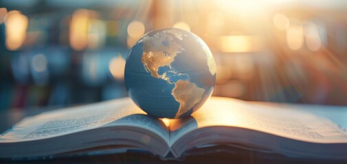 World globe sitting on an open book with light rays in the background, symbolizing education, knowledge, and global understanding.