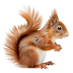 A cute red squirrel with fluffy tail sits and stares with big eyes. isolated on White background. © Rona_65