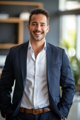 Fototapeta premium Portrait of an American sales representative pitching products, vibrant and engaging, modern sales office