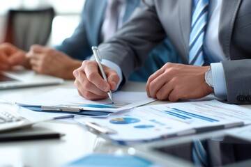 European-American business consultant advising on strategies, professional and analytical, office setting