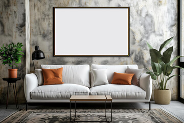 Minimalist living room featuring a large blank white poster in a sleek black frame, centered above a mid-century modern sofa,