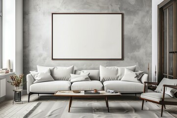 Minimalist living room featuring a large blank white poster in a sleek black frame, centered above a mid-century modern sofa,