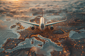 Obraz premium An airplane flies low over a highly detailed, illuminated map of the world at sunset, symbolizing global travel and connectivity