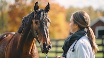 Fototapeta premium A veterinarian conducting a check-up on a horse close up, dedication, whimsical, double exposure, stable backdrop