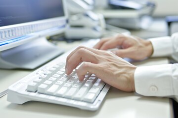 Close-up of Japanese hands typing on a keyboard in an office, modern workspace, focus on detail and speed