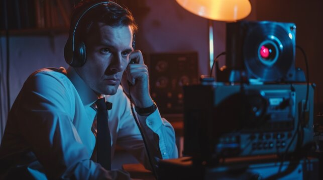A lone secret agent sits in a dimly lit room, intently listening to a reel-to-reel tape recorder. His expression is focused and determined, as he carefully analyzes the information being revealed