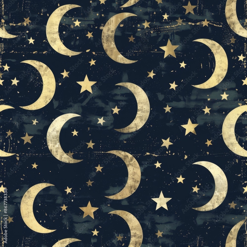 Canvas Prints elegant celestial pattern with gold crescent moons and stars on a dark blue background, creating a l