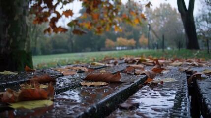 Wet park bench under a tree, with fallen leaves and raindrops glistening in the soft light