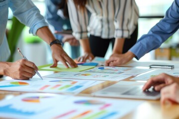 Close-up of American hands preparing meeting materials, organized and detailed, bright office setting