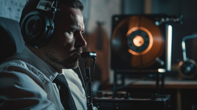 A man wearing a headset and a white shirt listens intently to a wiretap in a dimly lit room