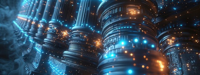 Big pillar decorated with blue glowing electrical circuits. 