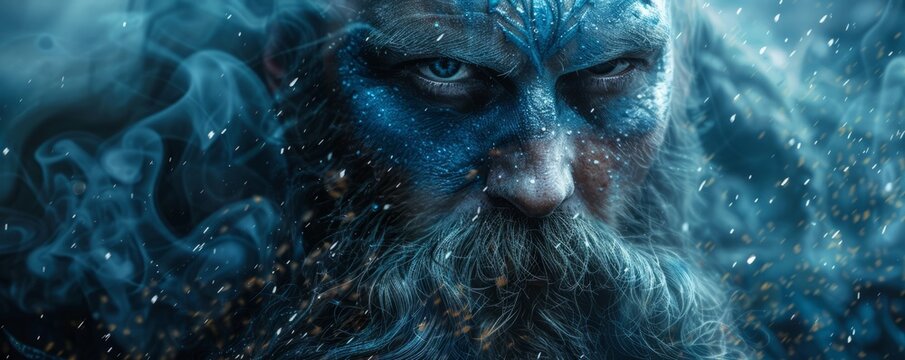 Abstract powerful warrior viking king portrait. Impressive man soldier portrait with blue color and intricate details.