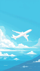 Fototapeta premium Cartoon illustration white airplane flying with landing gear extended against a blue sky.