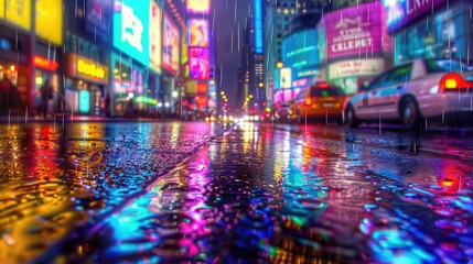 Rain falling on a city street at night, with the wet pavement reflecting colorful lights from nearby buildings