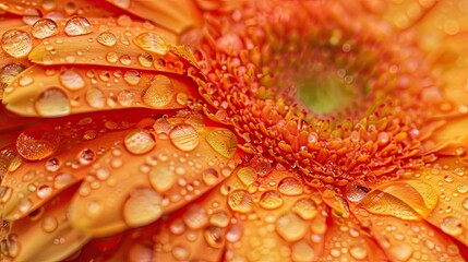 Close-up of raindrops on a bright orange gerbera daisy, with the water enhancing the flower's vibrant color