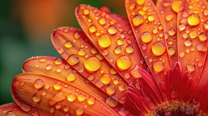 Close-up of raindrops on a bright orange gerbera daisy, with the water enhancing the flower's vibrant color