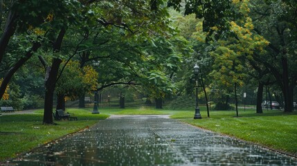 Rain falling on a city park, with wet grass and trees glistening in the light