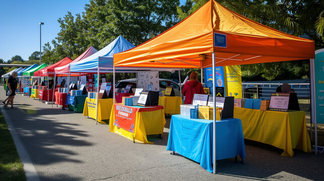 Back to school event setup with colorful tents, activity booths, and information tables.