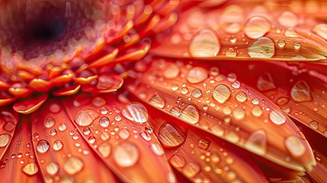 Close-up of raindrops on a bright orange gerbera daisy, with the water enhancing the flower's vibrant color - Powered by Adobe