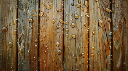 Detailed shot of raindrops on a wooden surface, highlighting the texture and color