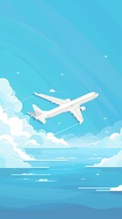 Cartoon illustration white airplane flying with landing gear extended against a blue sky.