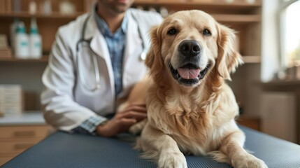 A veterinarian examines a happy golden retriever at a veterinary clinic.  The dog looks up at the camera with a friendly smile.