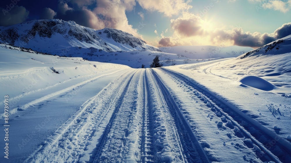 Poster Road on snowy mountain with tracks from wheels