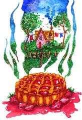 watercolor illustration of a strawberry pie and the buble with a village house, a fence, hanging laundry. Childhood memories coming out of the smell.countryside memories from childhood