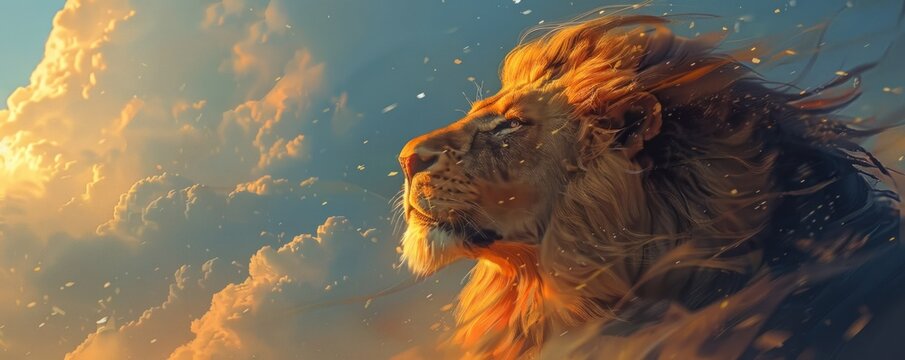 A majestic lion gazing into the distance, its mane flowing in the wind, symbolizing strength and royalty.