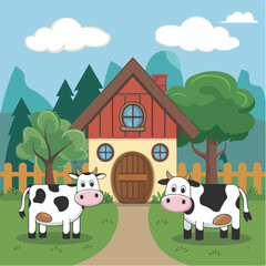 A beautiful village with Landscape trees, with cow background