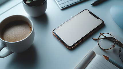 A cell phone sits on a table next to a cup of coffee and a pair of glasses. The scene suggests a typical workday, with the phone and coffee being essential tools for communication and productivity