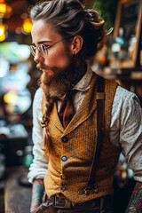 Fototapeta premium Hipster barber with glasses and a long beard, dressed in a stylish waistcoat, showcasing trendy and contemporary barbering styles in a modern barbershop.