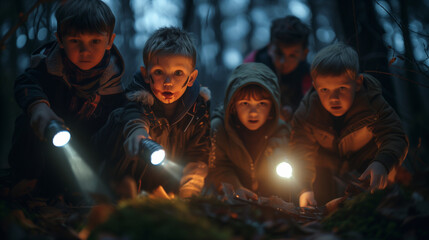 Group of children exploring a forest of terror with flashlights on Halloween, a frightening adventure suspense