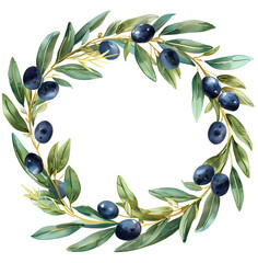 Watercolor olive wreath with black olive green leaves on transparent background