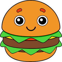 Fototapeta premium Smiling Cartoon Burger with Lettuce and Tomato on White Background