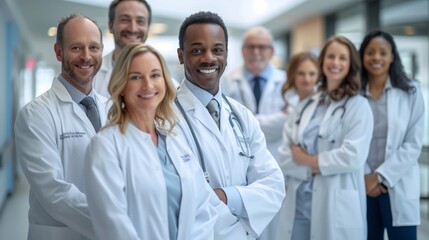 diverse group of doctors, all in white coats, gathered together and smiling, inside a state-of-the-art hospital. background shows a well-lit, clean, and modern hospital interior.