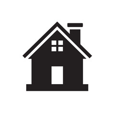 Minimalist Black Silhouette Icon of House with Triangular Roof and Chimney on White Background
