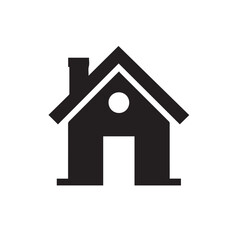 Minimalist Black Silhouette Icon of House with Triangular Roof and Chimney on White Background
