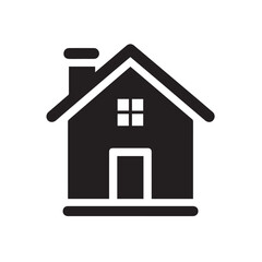 Minimalist Black Silhouette Icon of House with Triangular Roof and Chimney on White Background