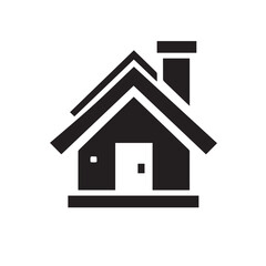 Minimalist Black Silhouette Icon of House with Triangular Roof and Chimney on White Background