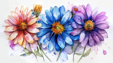 Obraz premium Three watercolor flowers. Pink, blue and purple.
