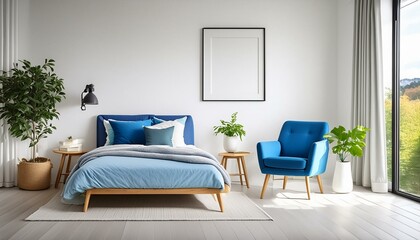 modern bedroom with white walls and  blue colors and  with frame for photo or poster. mockup for painting