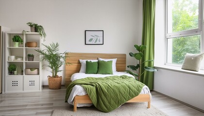 Fototapeta premium modern bedroom with white walls, green plants and olive green colors and with frame for photo or poster. 