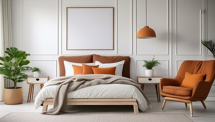 modern bedroom with white walls, green plants and orange terra cotta colors and  with frame for photo or poster. mockup for painting